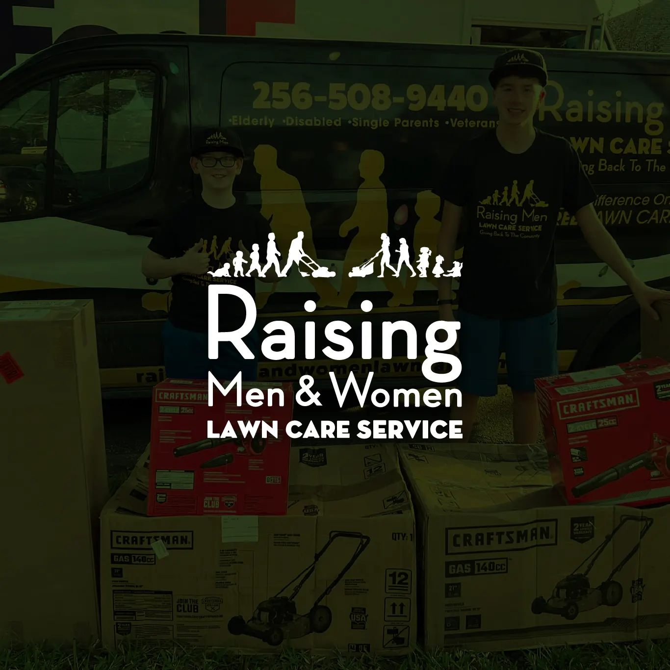 Raising Men & Women Lawn Care Service logo over a dimmed photo of two boys with boxed Craftsman lawn mowers in front of the organization's van