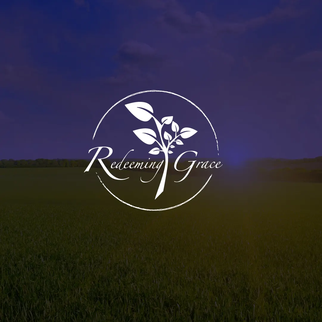 Redeeming Grace logo, a white leafy sprout inside a hand-drawn circle with script lettering, over a dark blue sky and green field